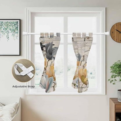 Spring Tulips Flower Kitchen Curtains 45 Inch Length, Short Cafe Window Curtains Tab Top, Vintage Floral Barn Doors Rustic Beige Light Filtering Window Treatments Tier Drapes 27.5"x45" 2 Panel