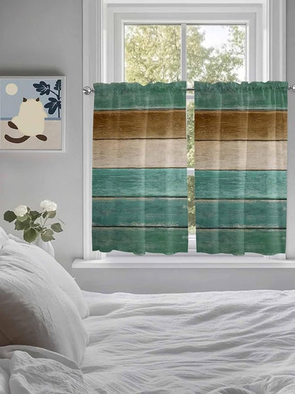 Vintage Plank Turquoise Brown Window Valance Curtains, Farmhouse Wood Grain Light Filtering Kitchen Valance with 3-inch Rod Pocket for Living Room Bathroom Bedroom,2 Panel,42x54In