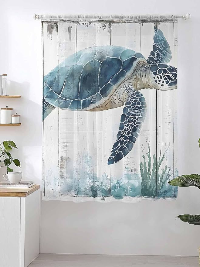 Sheer Curtains 72 Inches Long, Sea Turtle Teal Blue Semi Sheer Curtains Light Filtering Window Treatment, Summer Coastal Ocean Wood Grain Privacy Voile Drapes for Living Room Bedroom 52x72 Inch