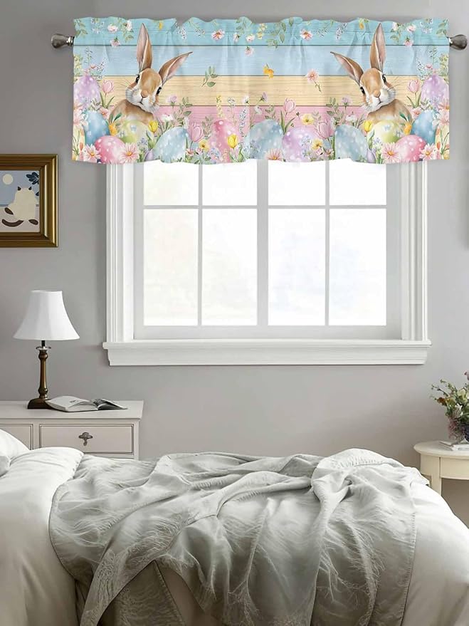 Kitchen Valances for Window, Spring Easter Eggs Rabbit Flower Light Filtering Rod Pocket Valance Curtain, Plant Colorful Wood Grain Short Curtains Window Topper for Bedroom Living Room 42x12in