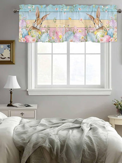 Kitchen Valances for Window, Spring Easter Eggs Rabbit Flower Light Filtering Rod Pocket Valance Curtain, Plant Colorful Wood Grain Short Curtains Window Topper for Bedroom Living Room 42x12in