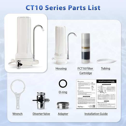 iSpring CT10-W Countertop Water Filter, Multi-Layer Faucet Water Filter System with Versatile Faucet Adapter, Reduces Heavy Metals, Bad Odor, and Chlorine, White