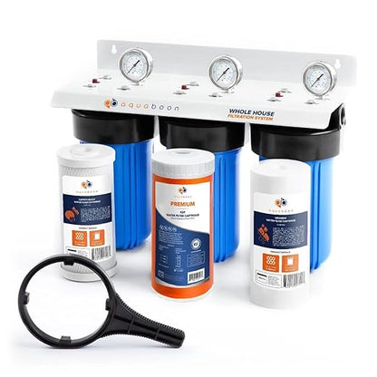 Aquaboon 3-Stage Whole House Water Filtration System with 5 Micron 10x4.5 Reducing Sediment, KDF Heavy Metals and Carbon Chlorine Reduction Water Filter Purification Cartrige, Pressure Gauges, Bracket