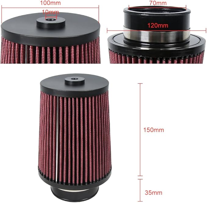 2.75 Inch 70 mm High-Flow Air Filter, Reusable Cone Cold Air Intake, High Performance, Washable, Clamp-On Car High Flow Air Kit, Flange Diameter: 2.75 Inch, Filter Height: 7.3 Inch, Red
