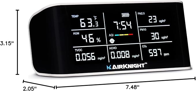 AirKnight Premium Indoor Air Quality Monitor Indoor & Air Quality Sensor. VOC Detector, CO2 Monitor, Formaldehyde Detector HCHO, AQI, PM2.5, PM10 Temperature Humidity Air Monitor AQI CO2 Meter