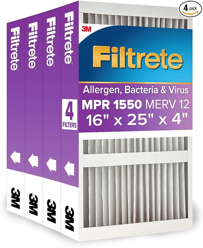 Filtrete 16x25x4 AC Furnace Air Filter, MPR 1550, MERV 12, Fits Lennox & Honeywell, CERTIFIED Asthma & Allergy Friendly, Electrostatic Air Cleaning Filter, 4-Pack (actual size 15.88 x 24.56 x 4.31)