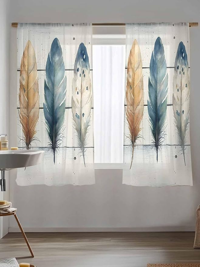 Sheer Curtains 72 Inches Long, Boho Blue Feathers Semi Sheer Curtains Light Filtering Window Treatment, Country Vintage Wooden Grain Privacy Voile Drapes for Living Room Bedroom 52x72 Inch