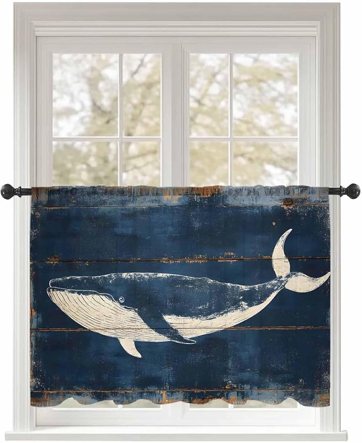 Sheer Curtains 45 Inch Length, Summer Whale Blue Semi Sheer Curtains Light Filtering Window Treatment, Coastal Ocean Vintage Wooden Grain Privacy Voile Drapes for Living Room Bedroom 52x45 Inch