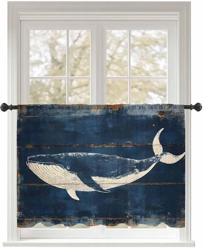 Sheer Curtains 54 Inch Length, Summer Whale Blue Semi Sheer Curtains Light Filtering Window Treatment, Coastal Ocean Vintage Wooden Grain Privacy Voile Drapes for Living Room Bedroom 52x54 Inch