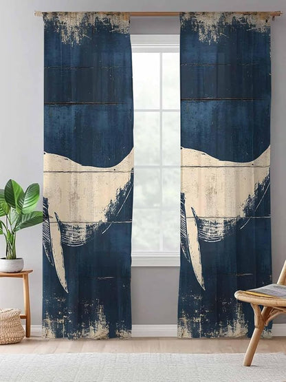Sheer Curtains 84 Inches Long, Ocean Whale Blue Semi Sheer Curtains Light Filtering Window Treatment, Summer Coastal Vintage Wood Grain Privacy Voile Drapes for Living Room Bedroom 52x84 Inch
