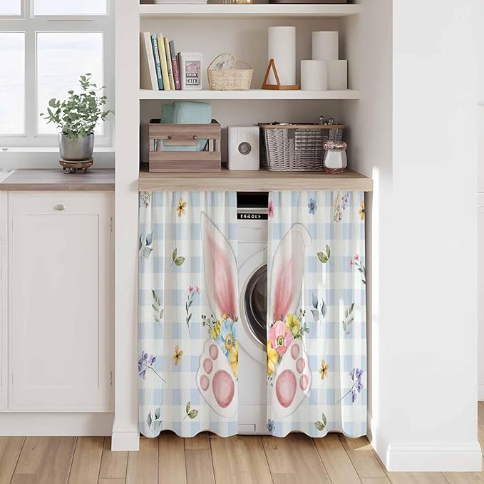 Easter Kitchen Curtains 54 Inch Long 2 Panel Set, Rod Pocket Window Curtains Panels, Spring Rabbits Ears Feet Floral Blue Lattice Light Filtering Privacy Draperies for Bedroom Laundry 42"W x 54"L