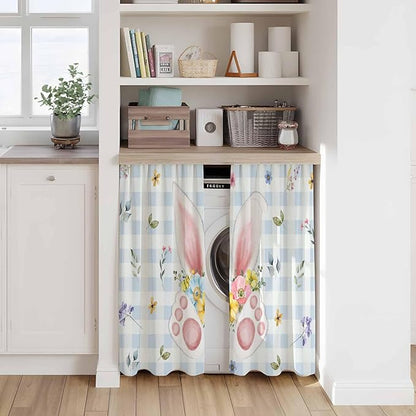 Easter Kitchen Tier Curtains 45 Inch Long 2 Panel Set,Rod Pocket Short Window Treatment,Spring Rabbits Ears Feet Floral Blue Lattice Light Filtering Curtains & Drapes for Bathroom 27.5"W x 45"L