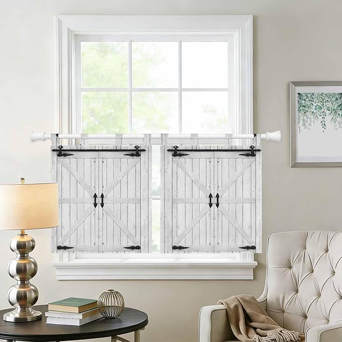 Farmhouse Wood Grain Kitchen Curtains 24 Inch Length, Small Window Curtains Tab Top, Vintage Country Barn Gate Grey Light Filtering Short Window Treatments Tier Drapes 27.5"x24" 2 Panel