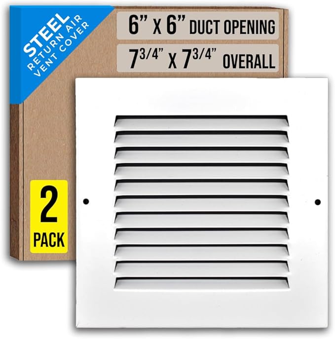 [2 Pack] Fits 6x6 Duct Opening | Steel Return Air Grille by Handua | Vent Cover Grill for Sidewall and Ceiling | White | HVAC Cold Air Intake Grille | Outer Dimensions: 7.75"W X 7.75"