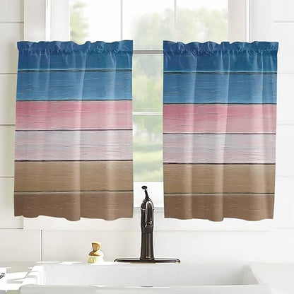 Blue Pink Brown Gradient Wood Grain Window Valance Curtains, Vintage Wood Board Light Filtering Kitchen Valance with 3-inch Rod Pocket for Living Room Bathroom Bedroom,2 Panel,42x54In