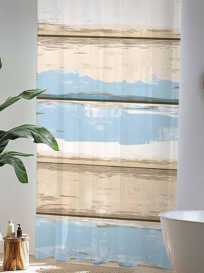 Sheer Curtains 84 Inches Long, Vintage Geometric Blue Semi Sheer Curtains Light Filtering Window Treatment, Abstract Country Shabby Wood Grain Privacy Voile Drapes for Living Room Bedroom 52x84 Inch