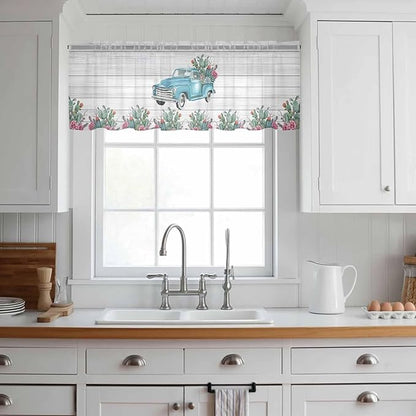Farmhouse Sheer Valance Curtains, Summer Blue Car with Cactus Succulents Wood Grain Light Filtering Kitchen Valances Rod Pocket Voile Curtain Window Treatment for Bedroom/Living Room/Basement 54Wx18L