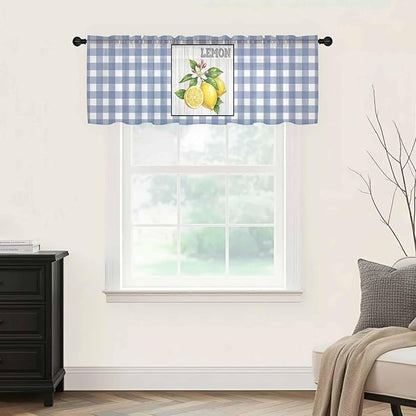 Lemon Sheer Valance Curtains, Summer Fruit Floral Wood Grain Blue Plaid Light Filtering Kitchen Valances Rod Pocket Voile Curtain Window Treatment for Bedroom/Living Room/Basement 42Wx12L