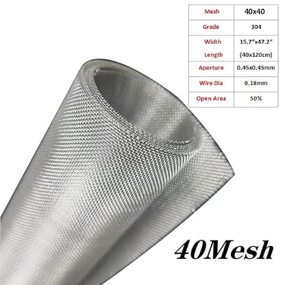 Stainless Steel Mesh Screen #40Mesh -Size:15.7"x47.2"(40x120cm) SS304 Wire Mesh Screen, for Vent,Cage,Garden, Window Screen, Filter Mesh