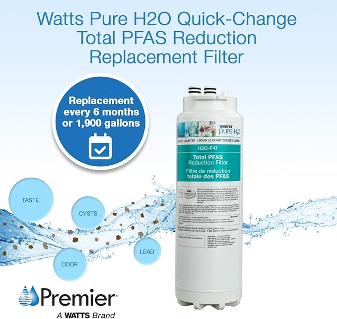 Watts Premier H2O-F47 Quick-Change Total PFAS Reduction Under Counter Water Filter Cartridge Replacement, Reduces Forever Chemicals, High Flow Rate 1.5 GPM, 1/4 Turn Quick Change, 1,900 Gal Capacity