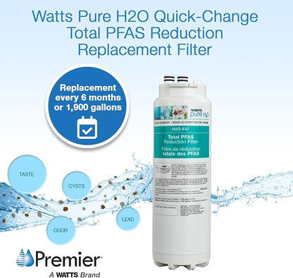 Watts Premier H2O-F47 Quick-Change Total PFAS Reduction Under Counter Water Filter Cartridge Replacement, Reduces Forever Chemicals, High Flow Rate 1.5 GPM, 1/4 Turn Quick Change, 1,900 Gal Capacity