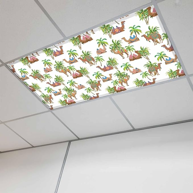 Fluorescent Light Covers for Ceiling Lights Deserts Camels Magnetic Light Filters 1 Pack 4x2 ft Southwest Date Trees Ceiling Lights Cover for Classroom Office School Home Drop Lamp Decor