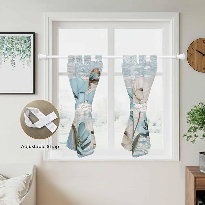 Spring Floral Kitchen Curtains 45 Inch Length, Short Cafe Window Curtains Tab Top, Vintage Tulips Flower Butterfly Retro Wood Blue Light Filtering Window Treatments Tier Drapes 27.5"x45" 2 Panel