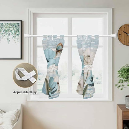 Spring Floral Kitchen Curtains 45 Inch Length, Short Cafe Window Curtains Tab Top, Vintage Tulips Flower Butterfly Retro Wood Blue Light Filtering Window Treatments Tier Drapes 27.5"x45" 2 Panel