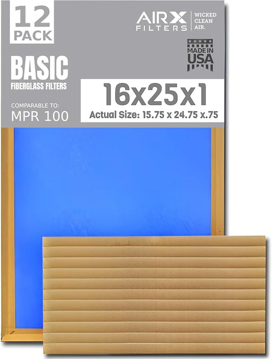 16x25x1 Air Filter Comparable to MPR 100 Basic Economy Furnace Filters, 12 Pack of Non Pleated Fiberglass Filter For Dust - Low Airflow Restriction! From AIRX FILTERS WICKED CLEAN AIR.