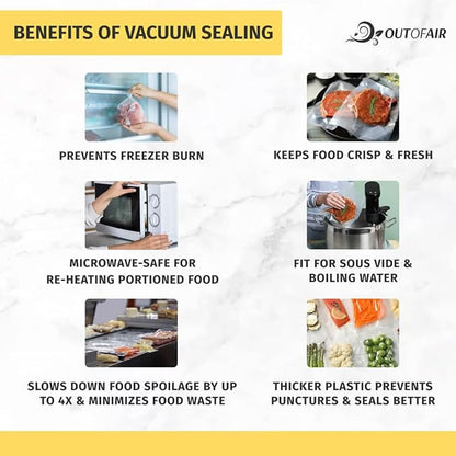 OutOfAir 100 Vacuum Sealer Bags: 4" x 6" Pre Cut Bags - Works with FoodSaver & Other Machines - 33% Thicker BPA Free, 4 Mil Commercial Grade, 4 x 6 inches