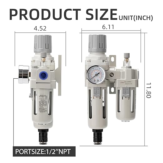 Air Pressure Regulator with Pressure Gauge(0-150PSI),Water Separator for Air Compressor Auto Drain 1/2 NPT Threaded Interface