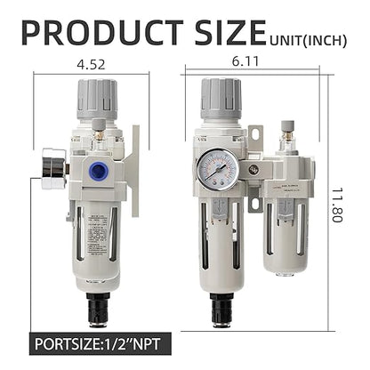 Air Pressure Regulator with Pressure Gauge(0-150PSI),Water Separator for Air Compressor Auto Drain 1/2 NPT Threaded Interface