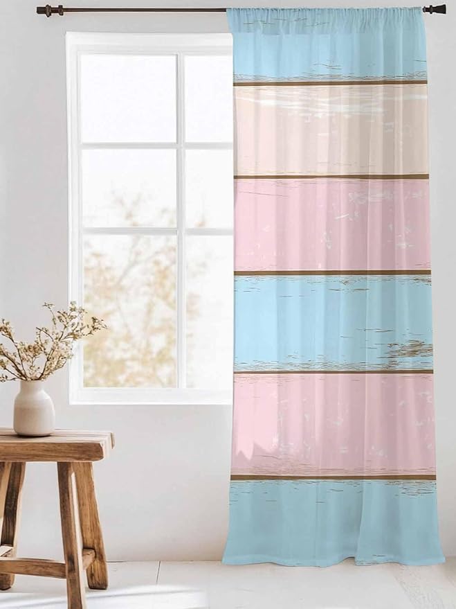 Sheer Curtains 108 Inches Long, Pink Blue Wood Grain Semi Sheer Curtains Light Filtering Window Treatment, Farmhouse Country Shabby Striped Privacy Voile Drapes for Living Room Bedroom 52x108 Inch