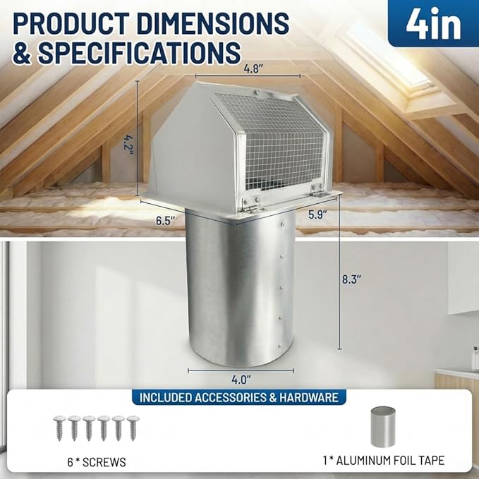 4 Inch Vent Covers for Wall, Galvanized Steel Dryer Vent Cover Outside with Screen, Dryer Vent Wall Plate for Dryer Exhaust Vent, External Extractor for House Ventilation&Outside Air Exhaust