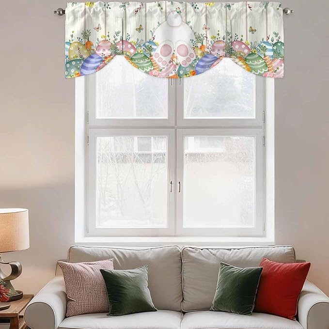 Easter Tie Up Valance Curtains for Windows, Kitchen Curtains Window Shades, Spring Rabbit Ears Foot Colorful Eggs Leaf Floral Light Filtering Roman Curtain Valances for Bedroom/Bathroom/Cafe 60"x18"