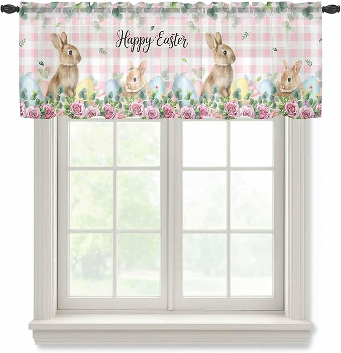 Easter Sheer Valances for Windows 60"x18", Light Filtering Kitchen Curtains Valance, Spring Watercolor Bunny Eggs Flower Leaf Pink Plaid Rod Pocket Chiffon Curtains for Living Room Bedroom Cafe