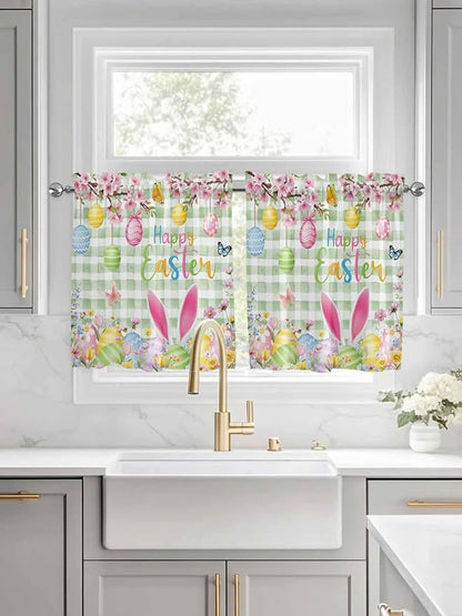 Happy Easter Half Window Curtains 24 Inches Long, Spring Bunny Eggs Flower Sage Green Plaid Window Treatment Curtain Drapes, Short Curtains Tiers for Kitchen Over Sink, 27.5"x24", 2 Panels