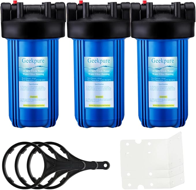 Geekpure 10-Inch Whole House Water Filter Housing 4.5"x10"1-Inch Outlet/Inlet with Wrench and Bracket-Blue Color -Pack of 3