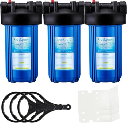 Geekpure 10-Inch Whole House Water Filter Housing 4.5"x10"1-Inch Outlet/Inlet with Wrench and Bracket-Blue Color -Pack of 3
