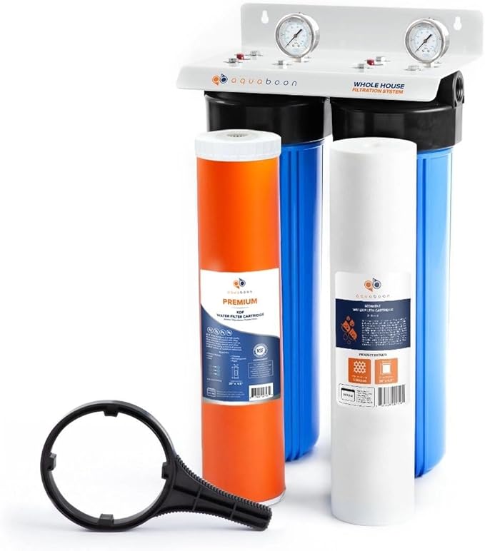 Aquaboon 2-Stage Whole House Water Filtration System with 20" Sediment, KDF Filters, Pressure Gauges & Release, Wrench, White Coated Bracket