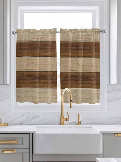 Retro Country Brown Wooden Board Window Valance Curtains, Farmhouse Gradient Plank Light Filtering Kitchen Valance with 3-inch Rod Pocket for Living Room Bathroom Bedroom,2 Panel,52x54In