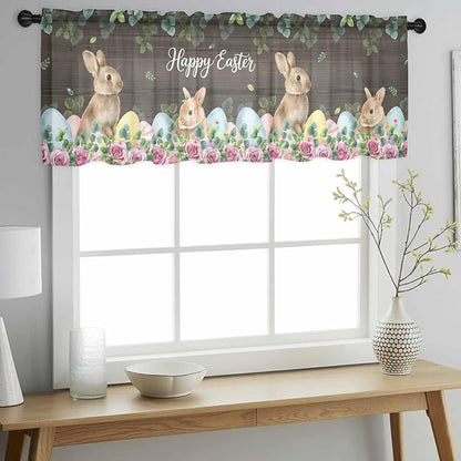 Easter Sheer Valances for Windows 42"x12", Light Filtering Kitchen Curtains Valance, Spring Watercolor Bunny Eggs Flower Leaf Wood Grain Rod Pocket Chiffon Curtains for Living Room Bedroom Cafe