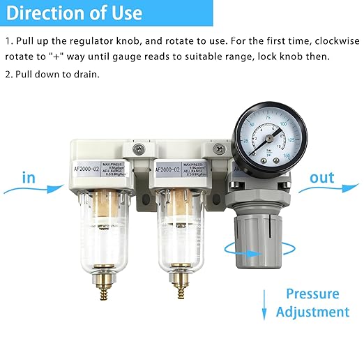 XingNEeng 1/4" NPT Compressed Air Filter Regulator Lubricator (FRL) Combo, Water/Oil Trap Separator, Air Pressure Regulator with Pressure Gauge(0-150 psi), Manual Drain, Poly Bowl, Metal Bracket