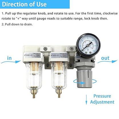 XingNEeng 1/4" NPT Compressed Air Filter Regulator Lubricator (FRL) Combo, Water/Oil Trap Separator, Air Pressure Regulator with Pressure Gauge(0-150 psi), Manual Drain, Poly Bowl, Metal Bracket