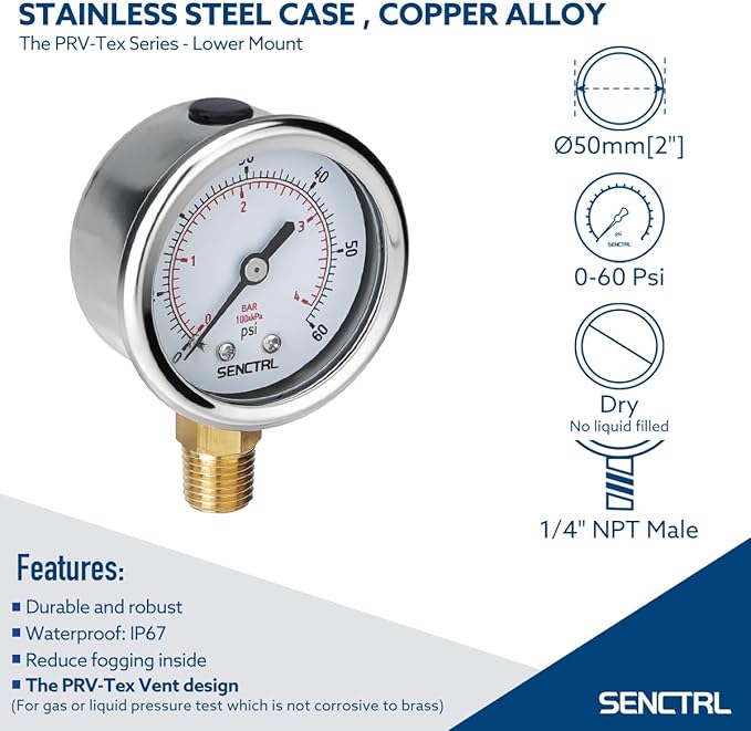 SENCTRL 0-60 Psi Pressure Gauge, 2" Dial, 1/4 Npt Lower Mount, Waterproof, Stainless Steel Case, for Swimming Pool Filter Pump Spa Water Air MTB Tire Pressure Test