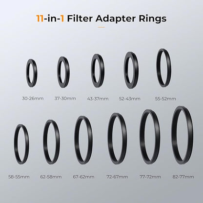 K&F CONCEPT 11 Pieces Metal Step Down Filter Adapter Rings Set, for Large Size Lens Add Small Size Filter 67-62mm 72-67mm 77-72mm 82-77mm for Camera Lens