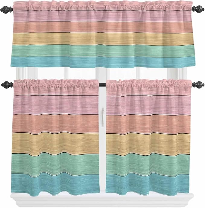 Kitchen Window Curtains Valance and Tier Set, Farm Colorful Wooden Plank Rod Pocket Tier Curtain Valance Set, Rustic Wood Grain Barn Light Filtering Cafe Curtains for Bedroom Living Room