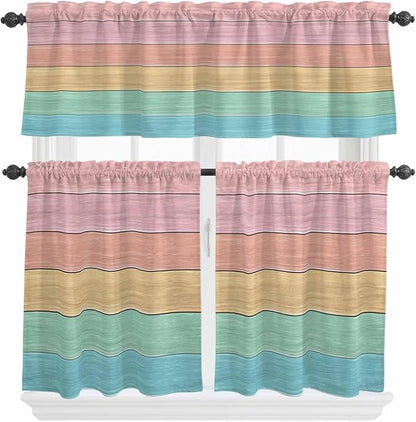 Kitchen Window Curtains Valance and Tier Set, Farm Colorful Wooden Plank Rod Pocket Tier Curtain Valance Set, Rustic Wood Grain Barn Light Filtering Cafe Curtains for Bedroom Living Room
