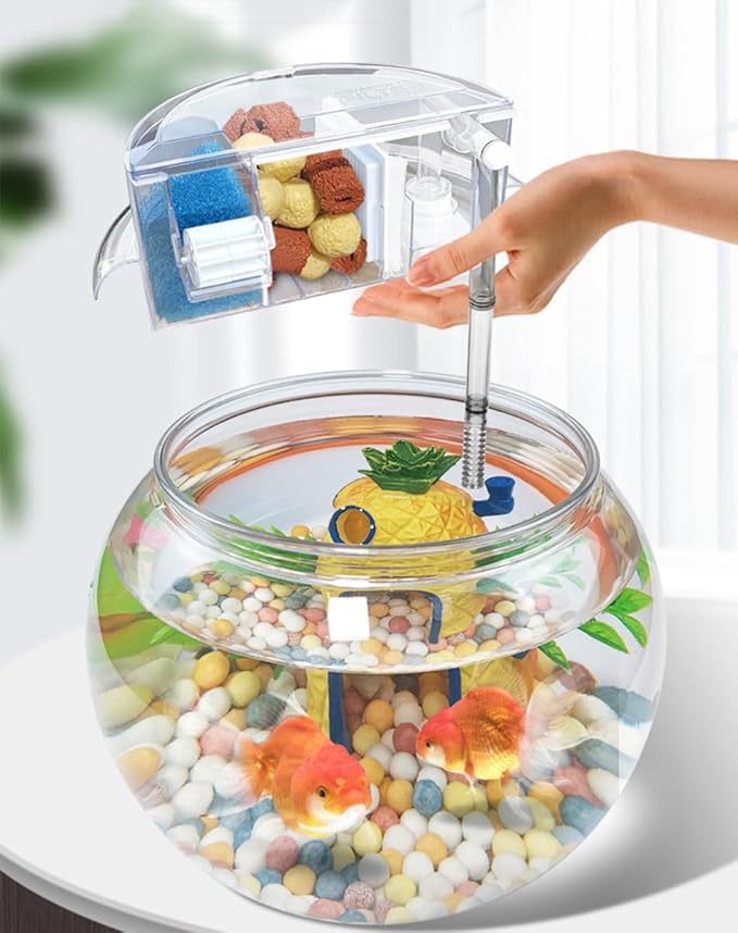 HIERYAN Circular Fish Tank Filter, Aquarium Hang on Filter, Small Fish Tank Filter with Biochemical Sponge, Suitable for a Circular Fish Tank with a Diameter of 5.35″ - 7″