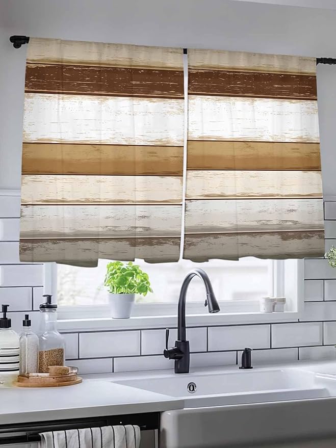 Sheer Curtains 54 Inch Length, Brown Wood Grain Semi Sheer Curtains Light Filtering Window Treatment, Vintage Country Geometric Striped Privacy Voile Drapes for Living Room Bedroom 52x54 Inch